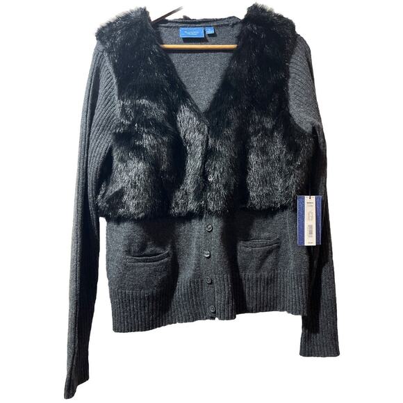 SIMPLY VERA WANG XL Fur Front Wool Blend Sweater Cardigan Charcoal Gray $78 NWT - Picture 1 of 13